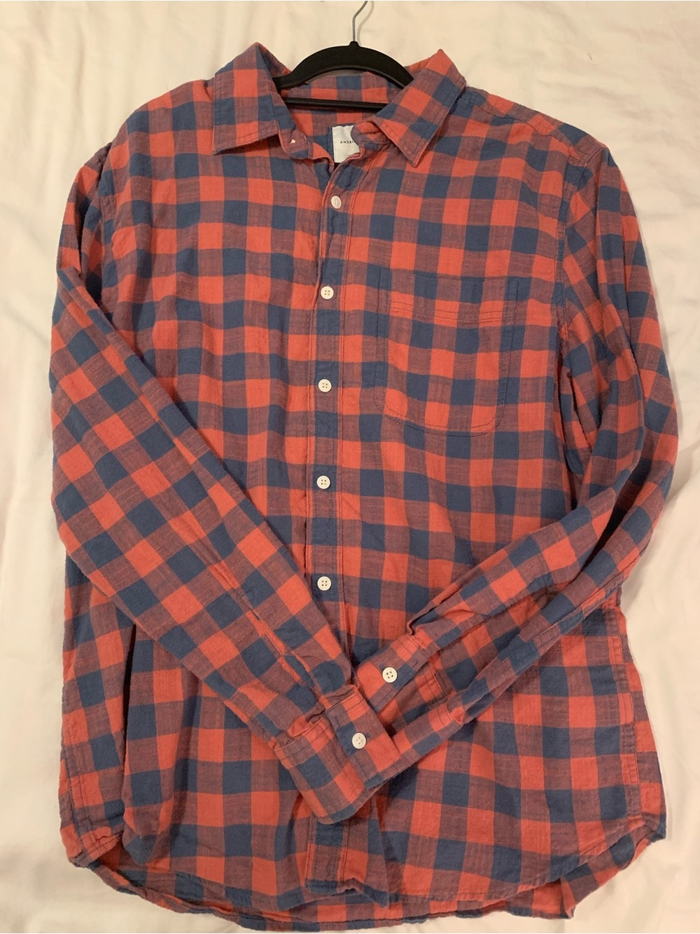 American Eagle Outfitters Coral and Navy Plaid Button-Down Shirt